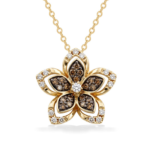 Flower shaped pendant with brown and beige diamonds set in yellow gold hanging from gold chain. Item No. 774611