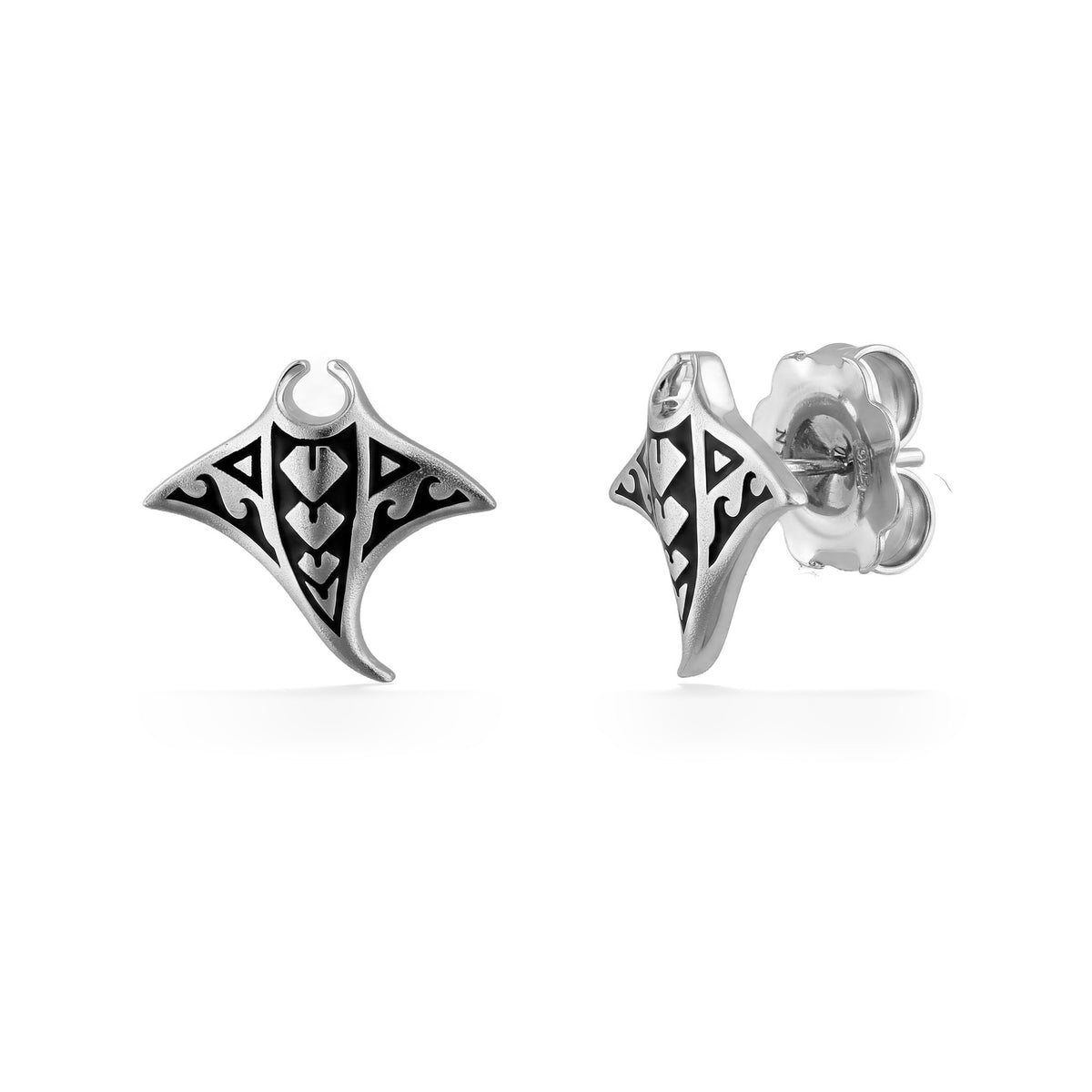 Sterling Silver tribal tattoo Manta Ray stud earrings side view. Item No. 45482 
