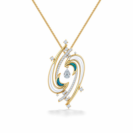 14K Yellow gold galaxy like pendant with opal, white mother of pearl and diamond star shaped accents. Item No. 45484