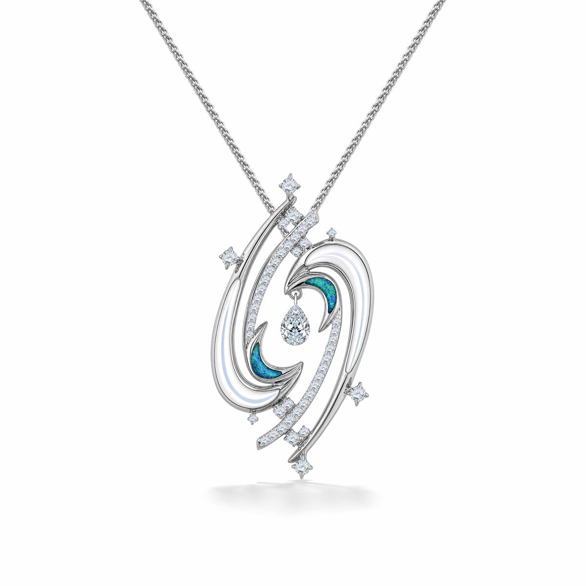 14K white gold galaxy like pendant with opal, white mother of pearl and diamond star shaped accents. Item No. 45485