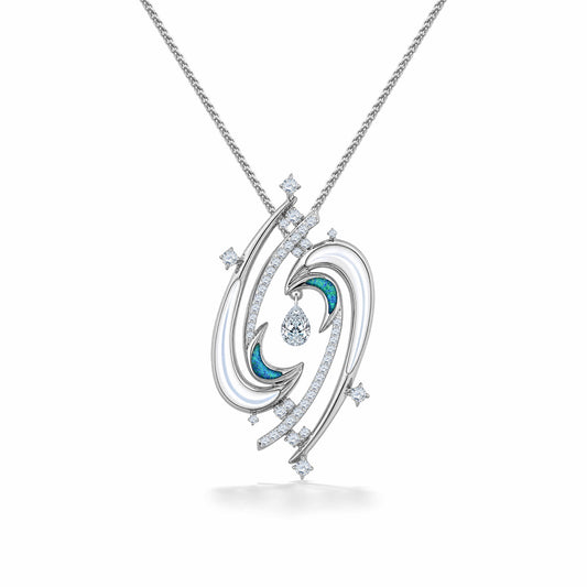 14K white gold galaxy like pendant with opal, white mother of pearl and diamond star shaped accents. Item No. 45485