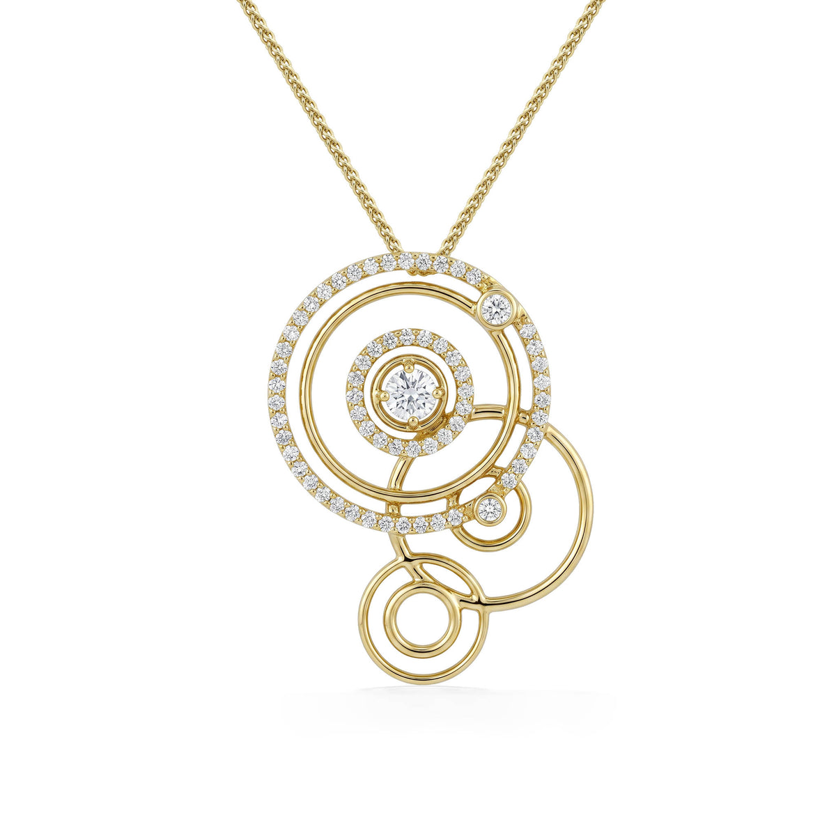 Three 14K yellow gold vertical circles with small circles inside and diamond accents on the large top circle. Item No. 45486