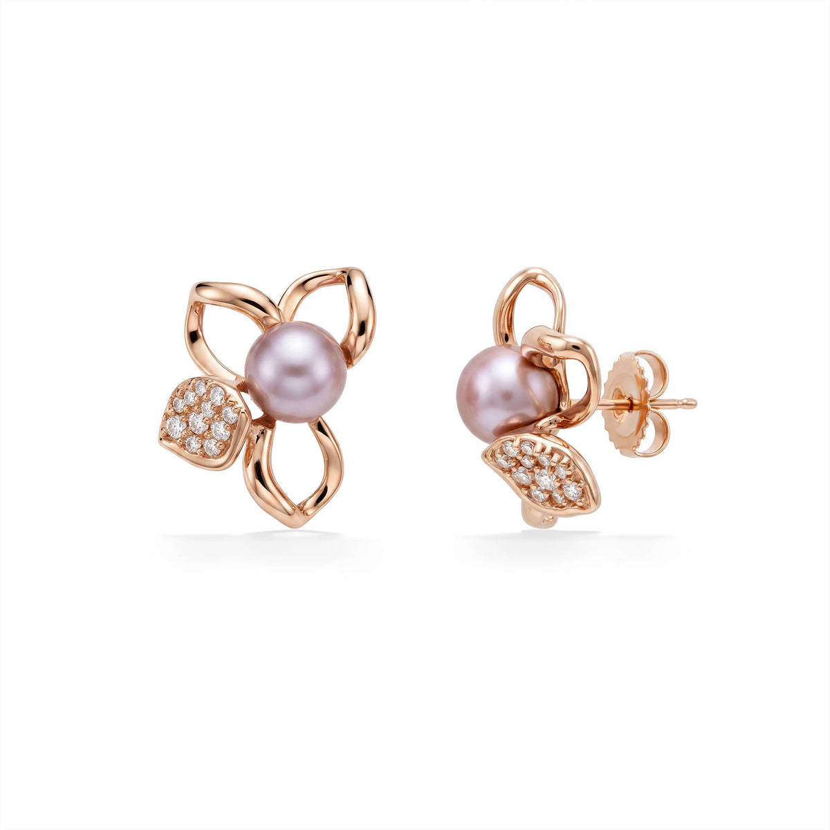 14K Rose Gold side view of plumeria outline earrings with diamonds on a petal and pink pearls in the center. Item No. 45490