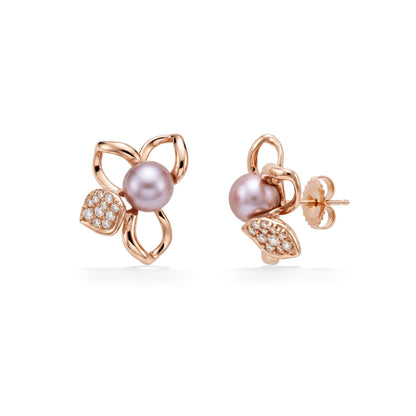 14K Rose Gold side view of plumeria outline earrings with diamonds on a petal and pink pearls in the center. Item No. 45490