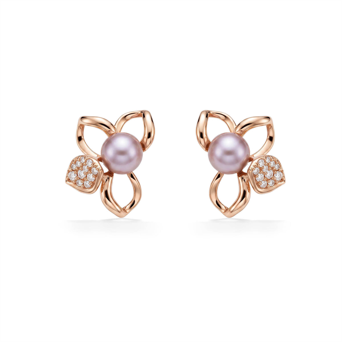 Front view of 14k rose gold plumeria flower outline earrings with diamonds on a petal and pink pearls in center. Item No. 45490