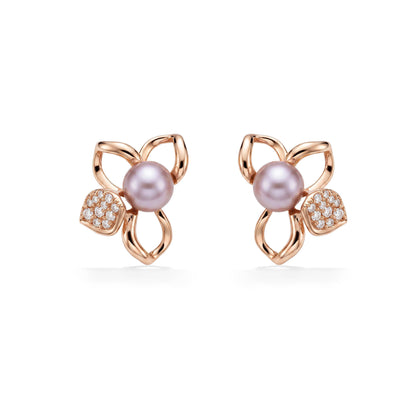 Front view of 14k rose gold plumeria flower outline earrings with diamonds on a petal and pink pearls in center. Item No. 45490