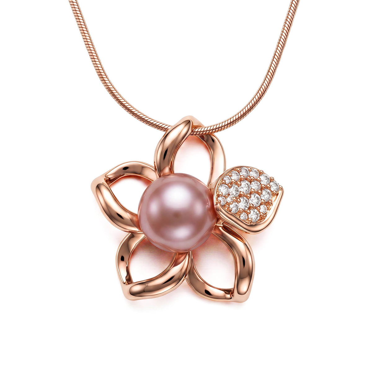 14K rose gold outline of a plumeria flower with pink freshwater pearl in the center and diamonds on one petal. Item No. 45489