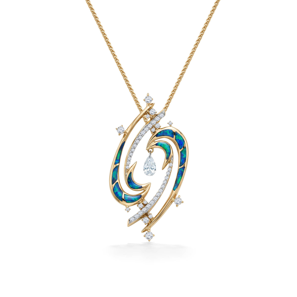 14k yellow gold laniakea pendant with opal inlay and diamond star shaped accents. Item No. 45491