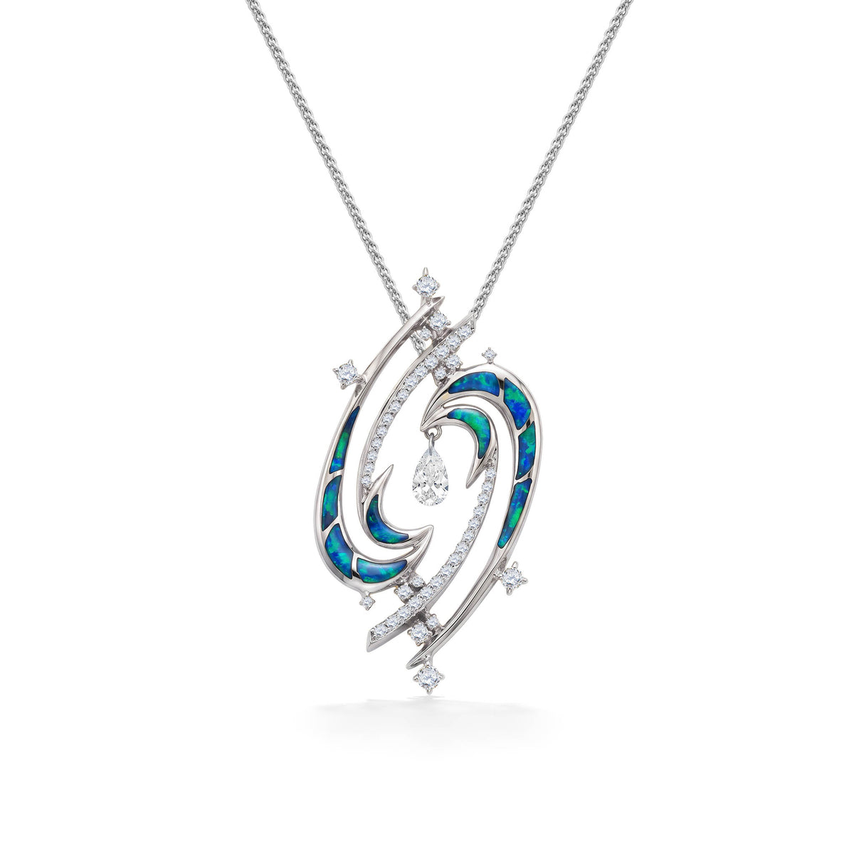 14k white gold laniakea pendant with opal inlay and diamond star shaped accents. Item No. 45492