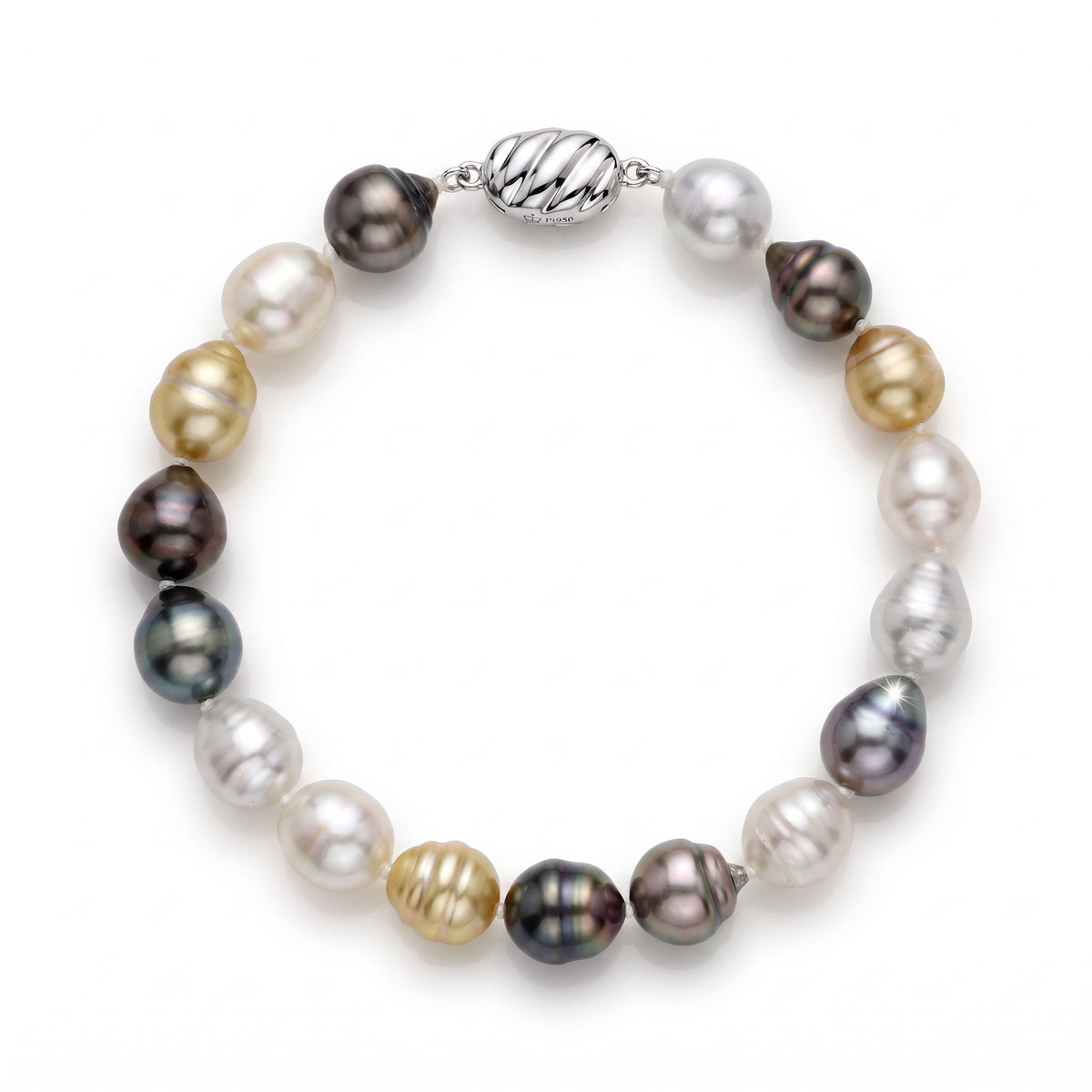 Mix baroque pearl bracelet of tahitian, white and gold south sea pearls with sterling silver clasp. Item No. 224590