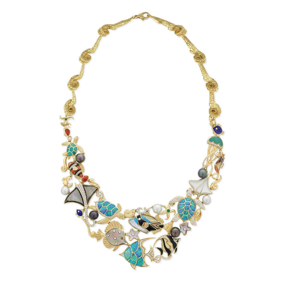 14K yellow gold sealife necklace with Manta ray, fishes, sea turtle, starfish in inlay, diamonds, and pearls. Item No. 897389