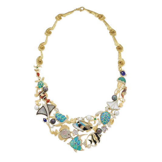 14K yellow gold sealife necklace with Manta ray, fishes, sea turtle, starfish in inlay, diamonds, and pearls. Item No. 897389