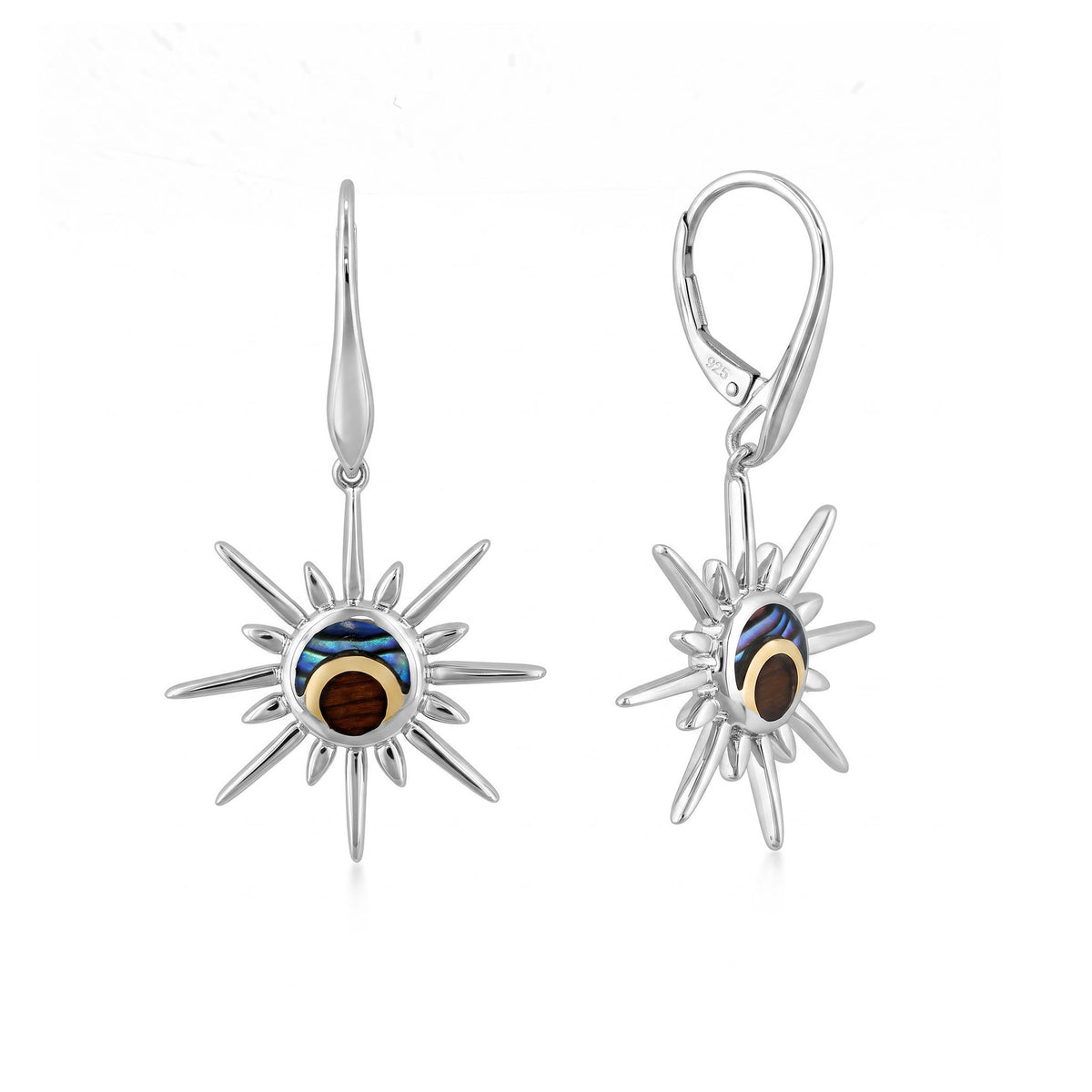 Side view Sterling silver sun shaped leverback earrings with 18k gold, abalone, and koa wood inside. Item No. 45502