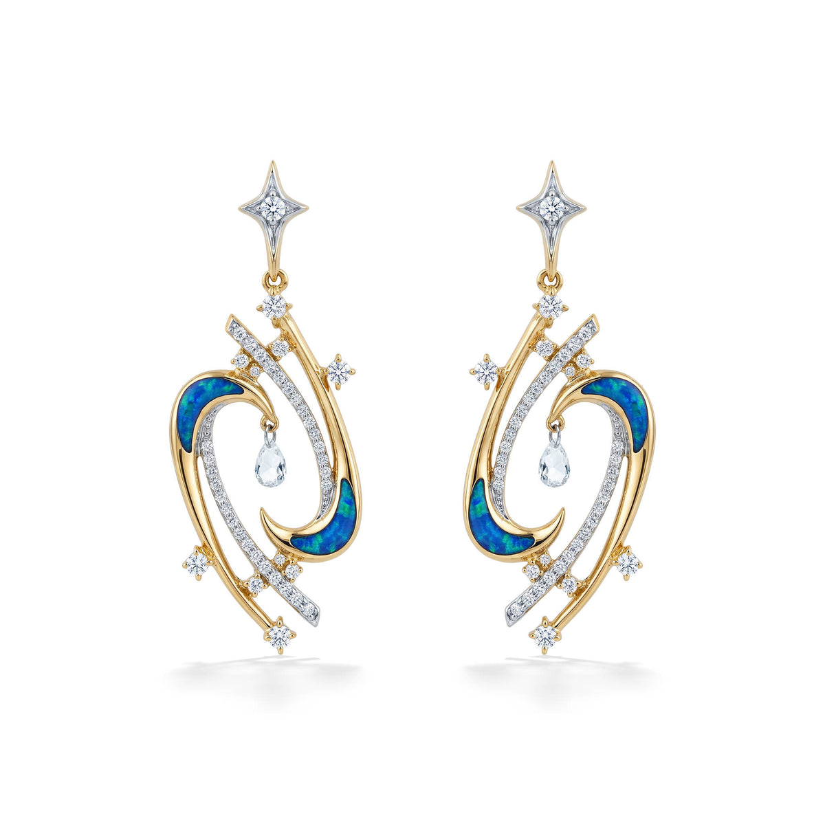 Front view of 14k yellow gold celestial shaped dangle earrings with opal inlay and diamond accents. Item No. 45512