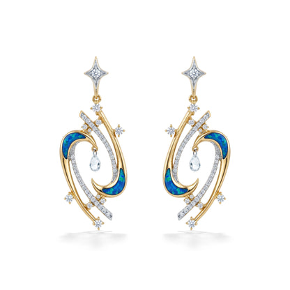 Front view of 14k yellow gold celestial shaped dangle earrings with opal inlay and diamond accents. Item No. 45512