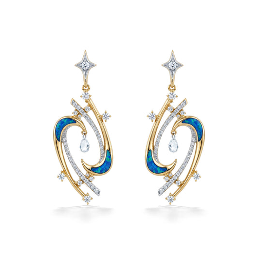 Front view of 14k yellow gold celestial shaped dangle earrings with opal inlay and diamond accents. Item No. 45512