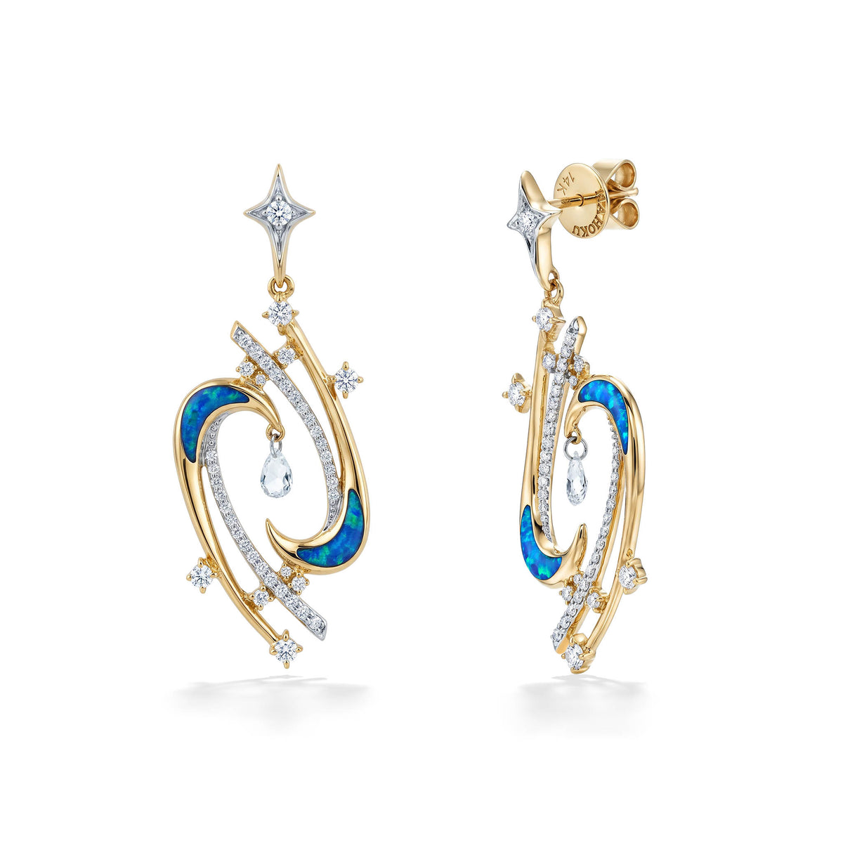 angled view of 14k yellow gold laniakea celestial dangle earrings with opal inlay and diamond accents. Item No. 45512