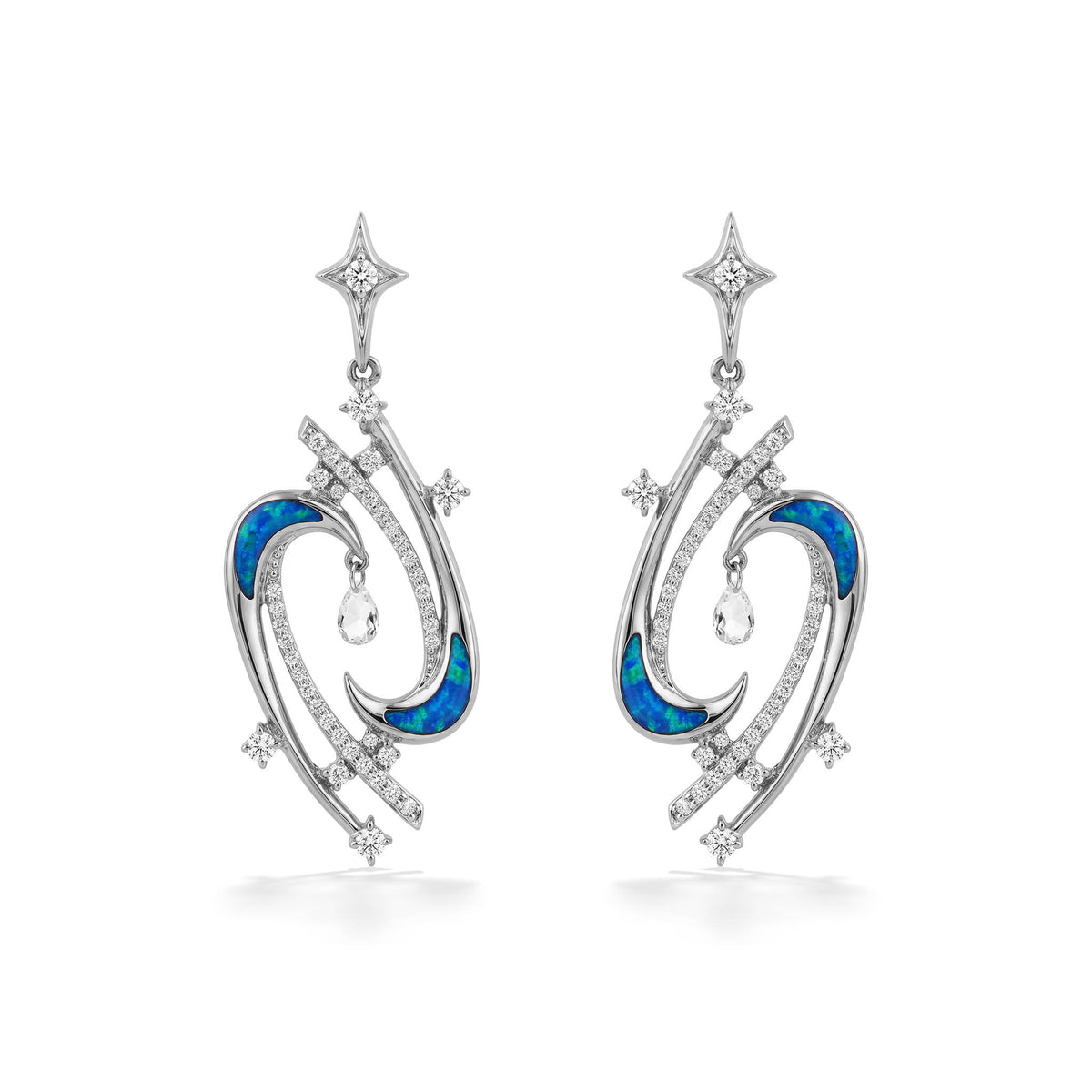 Front view of 14k white gold celestial shaped dangle earrings with opal inlay and diamond accents. Item No. 45513