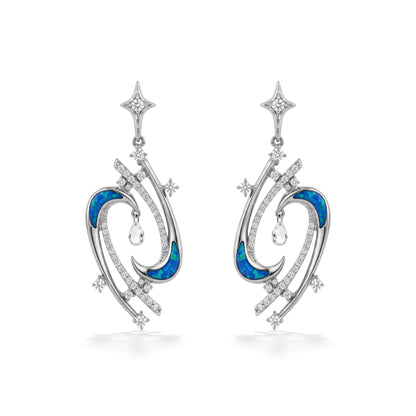 Front view of 14k white gold celestial shaped dangle earrings with opal inlay and diamond accents. Item No. 45513