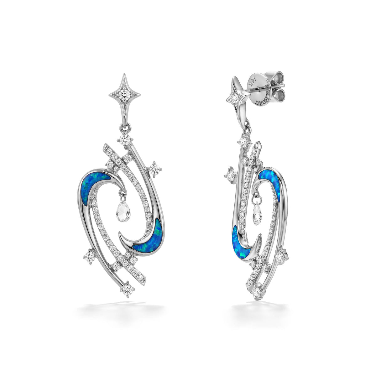 angled view of 14k white gold laniakea celestial dangle earrings with opal inlay and diamond accents. Item No. 45513