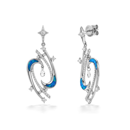 angled view of 14k white gold laniakea celestial dangle earrings with opal inlay and diamond accents. Item No. 45513