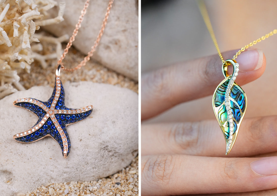 Starfish pendant on a rock with sand, next to a leaf-shaped pendant held by a hand.