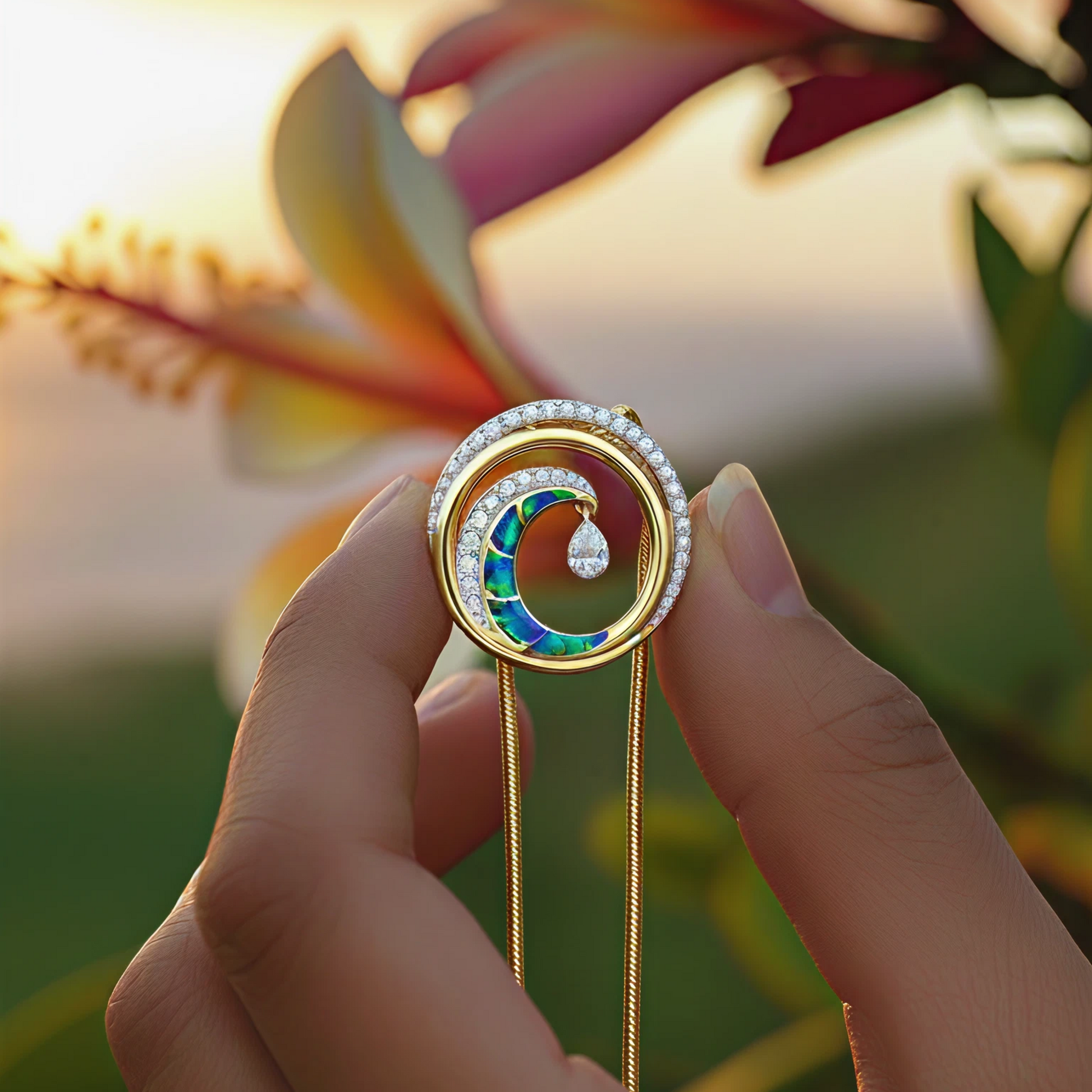 Gold and Opal Wave necklace held by a hand against a floral background - 40818