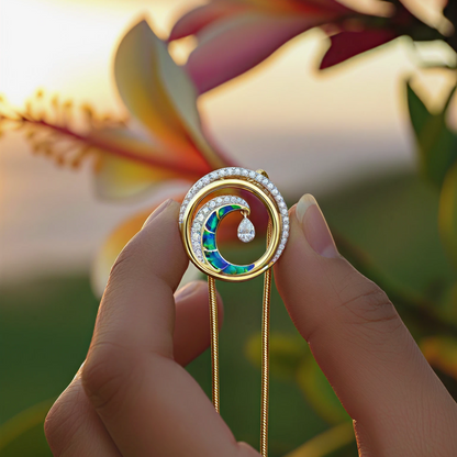 Gold and Opal Wave necklace held by a hand against a floral background - 40818