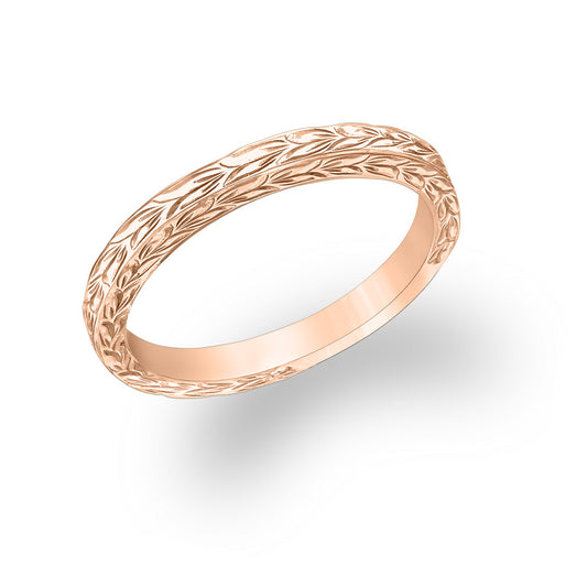 Warm 14K rose gold forms this slender 2mm stacking ring with detailed maile leaf engraving. Item No. 40485