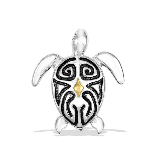 40544 - 18K Yellow Gold and Sterling Silver - Tattoo Sea Turtle Pendant