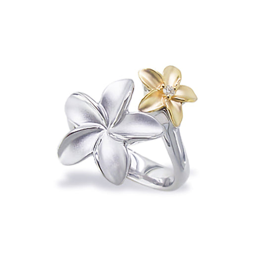40108 - 14K Yellow Gold and Sterling Silver - Double Plumeria Bypass Ring