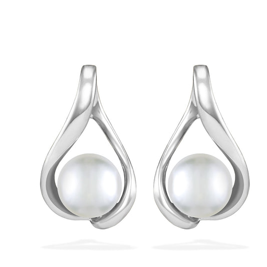 Sleek white gold hook earrings featuring white Akoya pearls nestled in a flowing embrace design. Item No. 40346