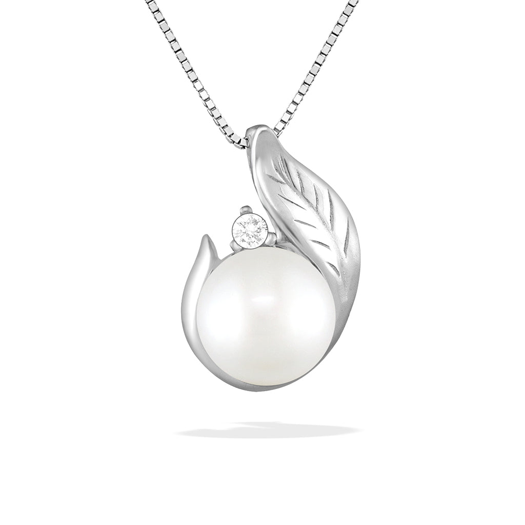 40392 - 14K White Gold - Maile Leaf Freshwater Pearl Pendant