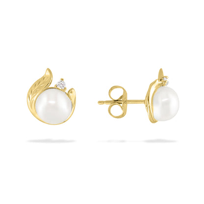 40393 - 14K Yellow Gold - Maile Leaf Freshwater Pearl Stud Earrings