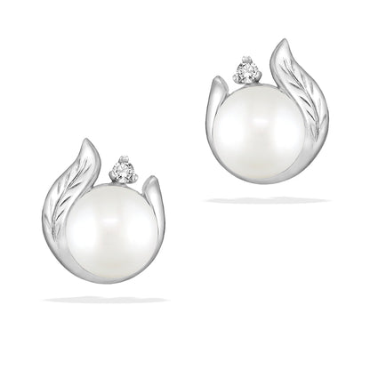 40394 - 14K White Gold - Maile Leaf Freshwater Pearl Stud Earrings