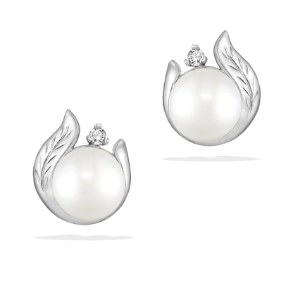 40394 - 14K White Gold - Maile Leaf Freshwater Pearl Stud Earrings