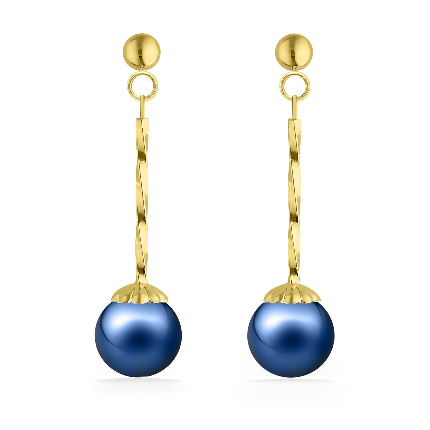 17654 - 14K Yellow Gold - Blue Akoya Pearl Twisted Dangle Earrings