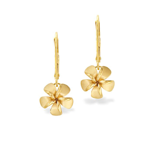 Yellow gold 10mm plumeria leverback earrings with polished petals, Hawaiian flower design. Item No. 19726