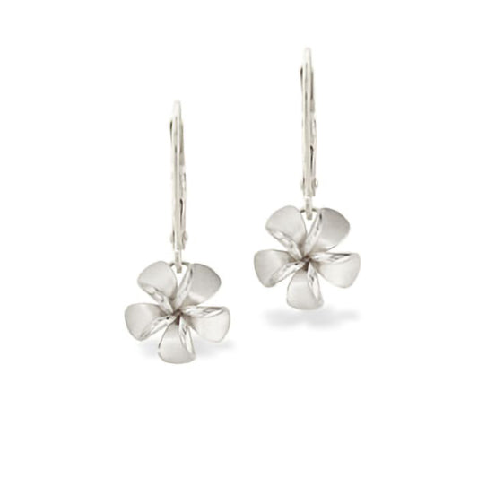 Plumeria leverback earrings with sculpted, matte petals and polished edges made in 14k white gold. Item No. 19727