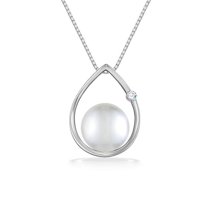 White gold necklace featuring a minimalist raindrop pendant with a centered akoya pearl and diamond highlight. Item No. 19592