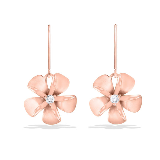 Rose gold plumeria drop earrings with 11mm diamond-centered flowers and smooth curved leverbacks. Item No. 19805
