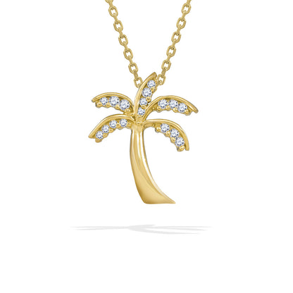 Petite palm tree pendant in 14k yellow gold with 0.11 carats of diamonds, shown on a 17-inch chain. Item No. 19917