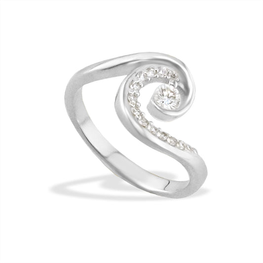 Wave inspired ring with 0.20 ctw diamond accent and 0.10 ct center diamond set in 14K white gold. Item No. 19931
