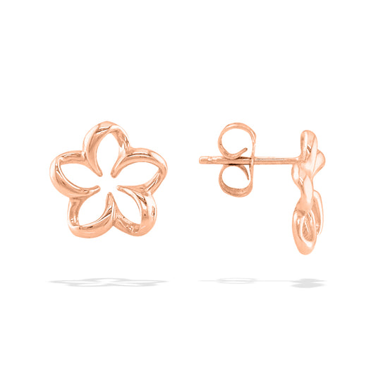 Plumeria stud earrings in rose gold with right side angled to show type of earnut and post. Item No. 10434