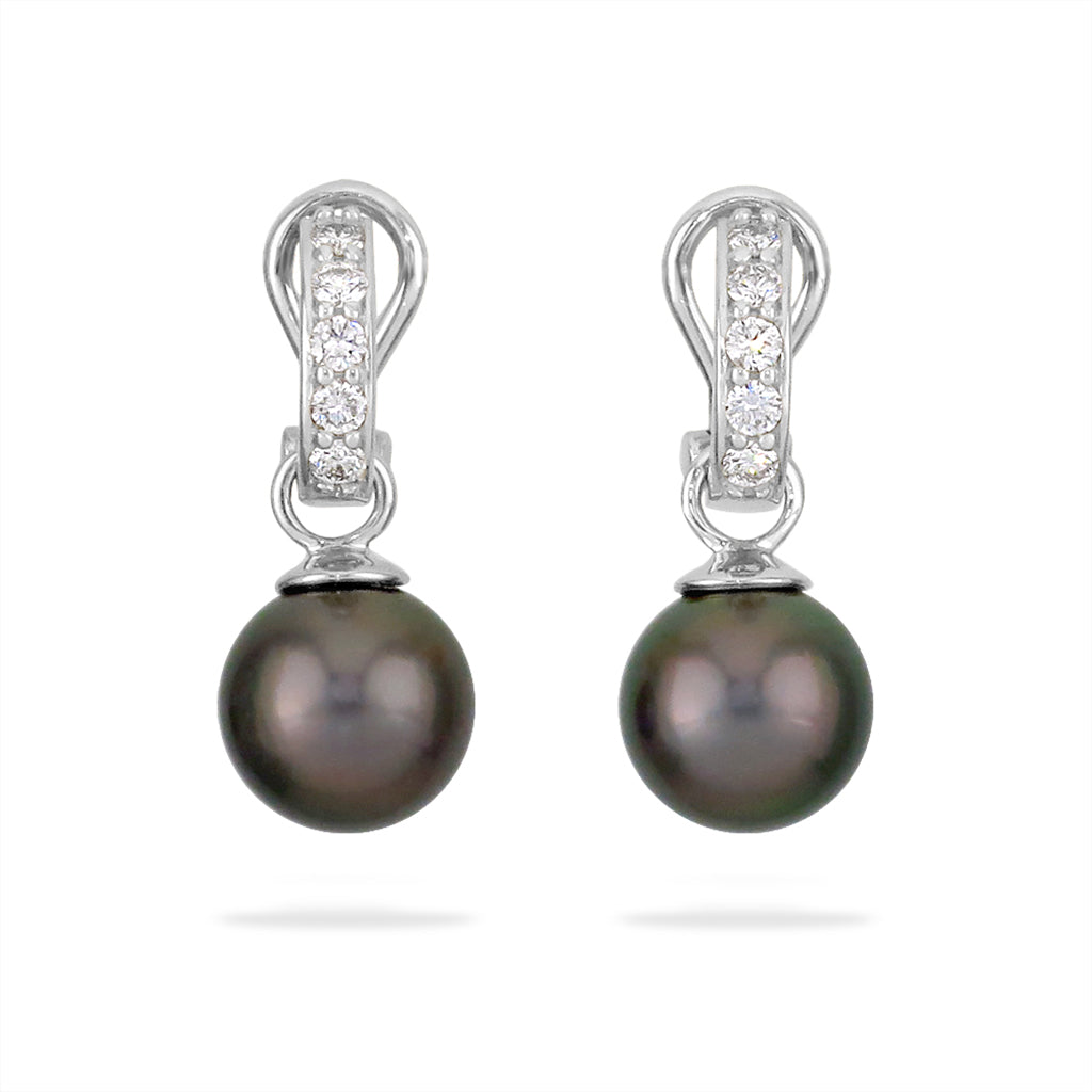 12310 - 14K White Gold - Tahitian Black Pearl Hoop Earrings