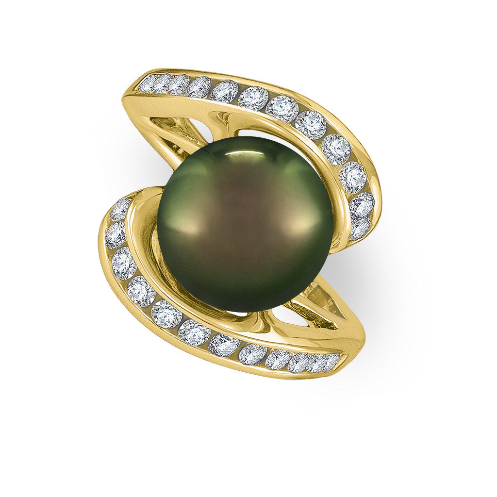 12163 - 14K Yellow Gold - Tahitian Black Pearl Ring