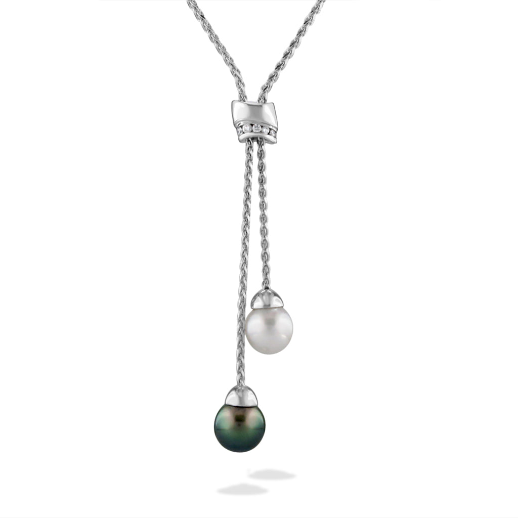 12211 - 14K White Gold - White South Sea and Tahitian Black Pearl Lariat