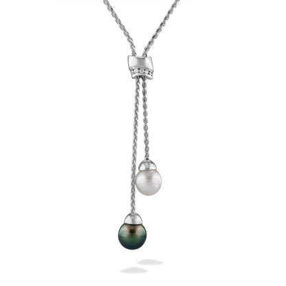 12211 - 14K White Gold - White South Sea and Tahitian Black Pearl Lariat