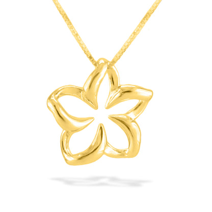 Classic floating plumeria pendant with hollowed center and soft rounded petals, set in yellow gold. Item No. 13176