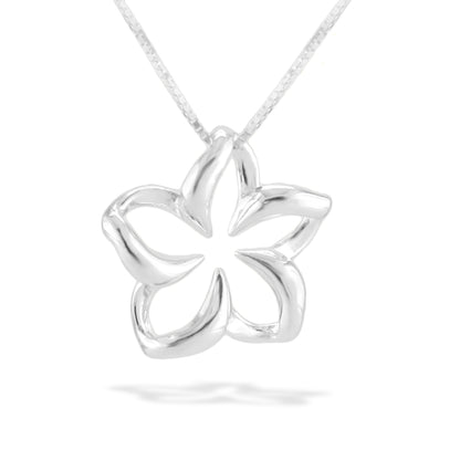 Floating plumeria pendant with hollowed center and soft rounded petals, set in polished white gold. Item No. 13177
